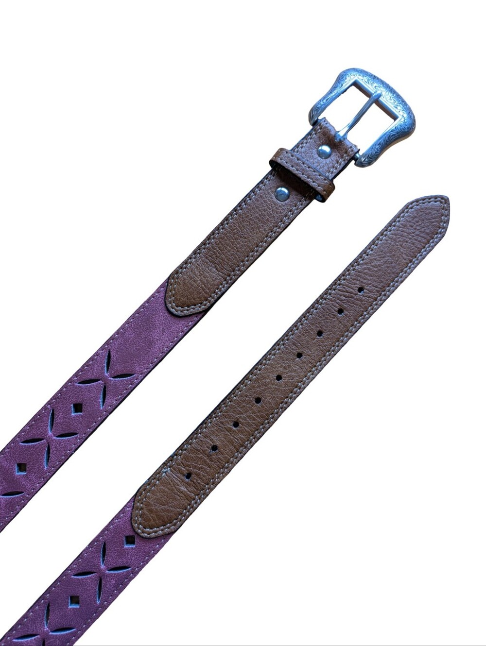 Western Pink Metallic Cutout Leather Belt with Western Buckle 27.5-33" Long
